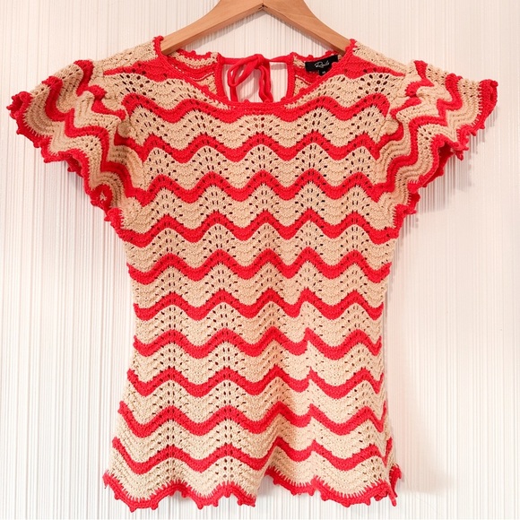NWT! Rails Coen Top/Cherry and Oat Striped/Cotton/Crochet/Scalloped/Ruffles - Picture 4 of 8